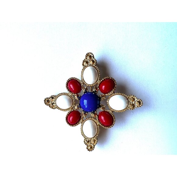 Sarah Coventry Jewelry - 1960s Sarah Coventry Maltese Cross Red White Blue Gold Tone Brooch Vintage Patri